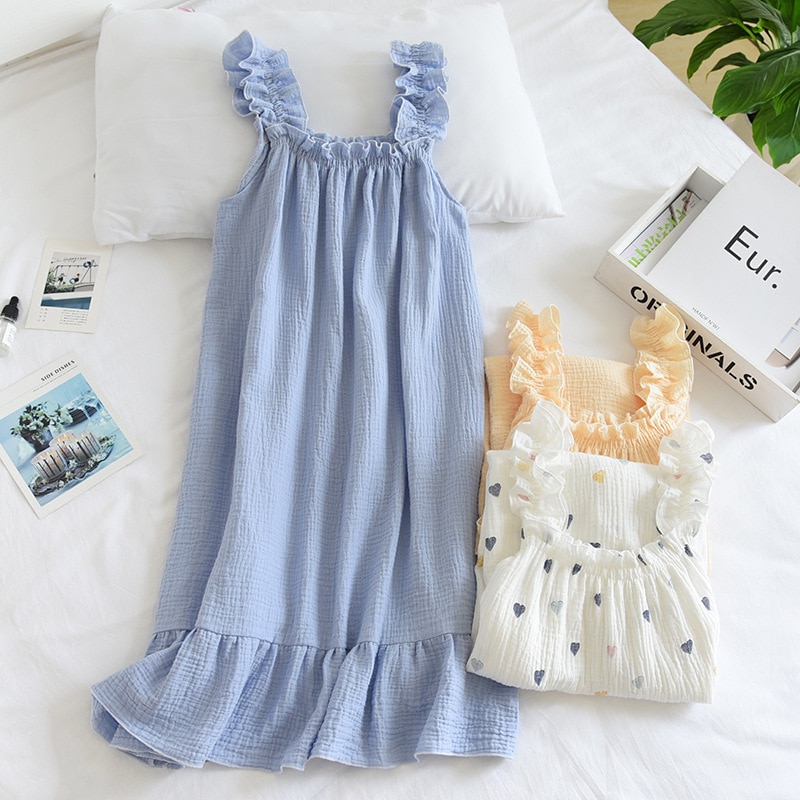 2022 Summer New Style Nightdress Ladies 100% Cotton Crepe Thin Vest Suspender Skirt Loose Long Skirt Sweet And Cute Home Skirt