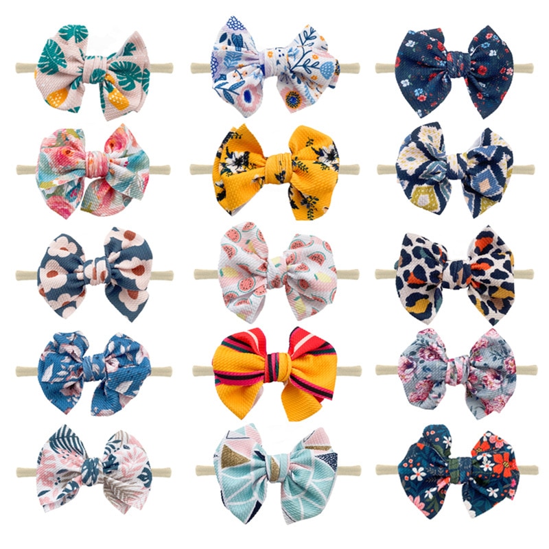 2pcs/lot Baby Girls Nylon Nude Headband with Flower Print Bow Knot Turban Floral Large Bow Headwrap Newborn kids Knot Hairband