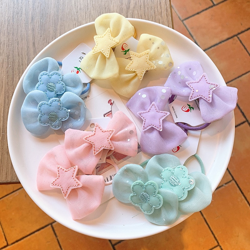 New Children's Cute Net Yarn Bow Knot Hair Rope Star Flower Baby Fashion Tie Hair Rubber Band Beautiful Girls Hair Accessor