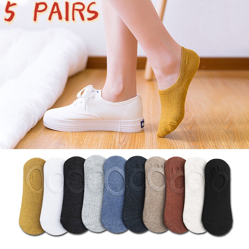 5 Pairs Woman Silicone Non-slip Invisible Socks Summer Cotton Ankle Solid Color Boat Women's Slippers 35-40EUR Short Socks 