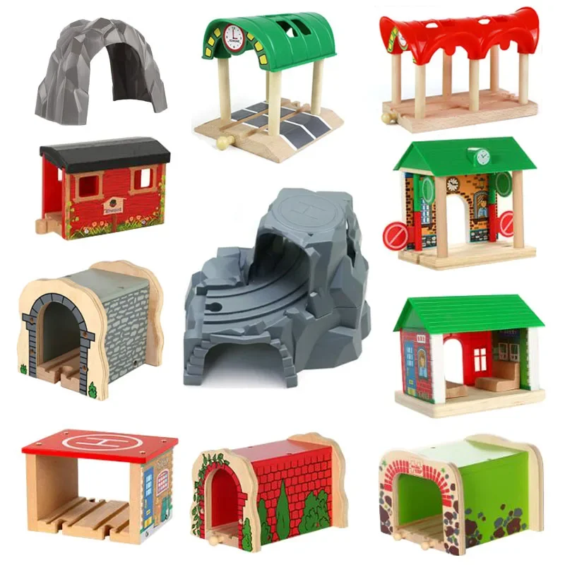 Wooden Train Track Accessories Wood Railway Track Train Station Bridge Tunnel Compatible All Brands