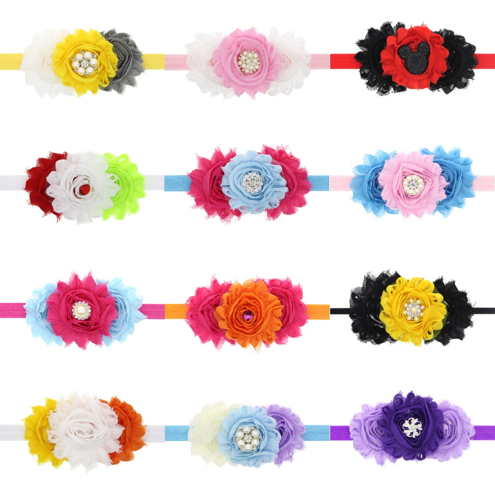 Shabby Handmade Flowers Elastic Headband Fashion Pearls Rhinestone Floral Hairband Sweet Kids Hair Accessories Photography Props