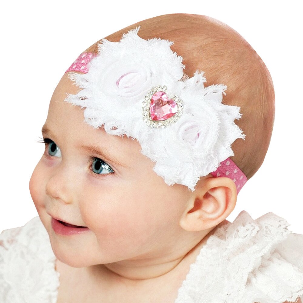 Shining Heart-shaped Rhinestone Floral Infant Hairband Cute Print Elastic Headband Sweet Kids Hair Accessories Photography Props