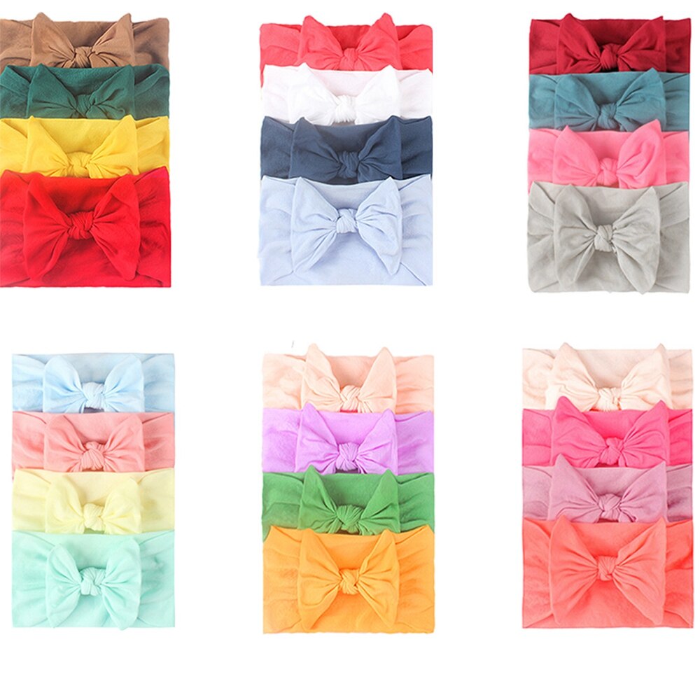 4pcs/lot 15*9 CM Infant Comfortable Soft Nylon Hairband Solid Color Handmade Bowknot Elastic Wide Headband Kids Birthday Gifts