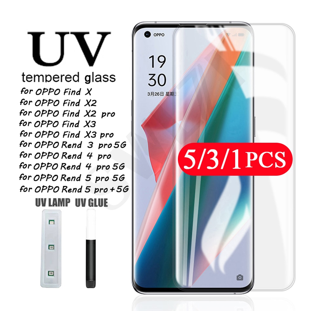 5-1Pcs UV tempered glass for OPPO Find X X2 X3 Reno 3 4 5 pro plus 5G UV Glass protective film phone screen protector smartphone
