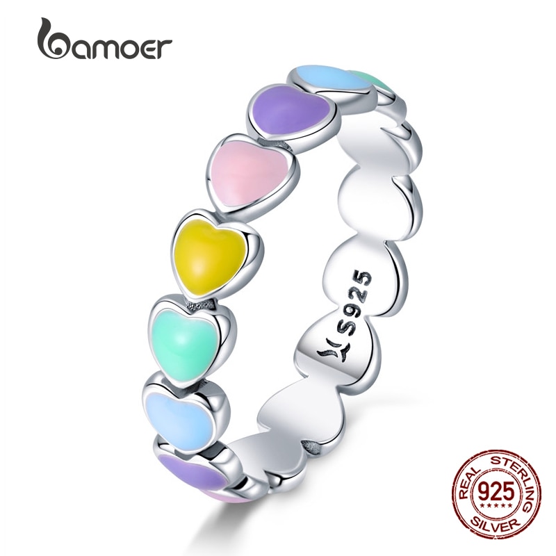 BAMOER Authentic 925 Sterling Silver Stackable Rainbow Heart Finger Rings for Women Wedding Engagement Ring Jewelry Anel SCR444