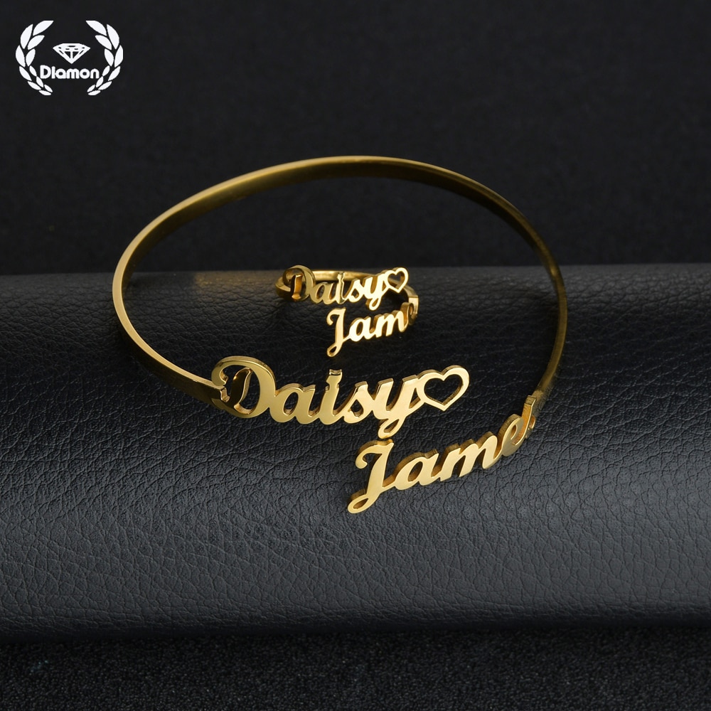 Diamon Fashion Personalized Custom Double Name Bangle and Ring For Women Stainless Steel Heart Bracelet Jewelry Sets Couple Gift