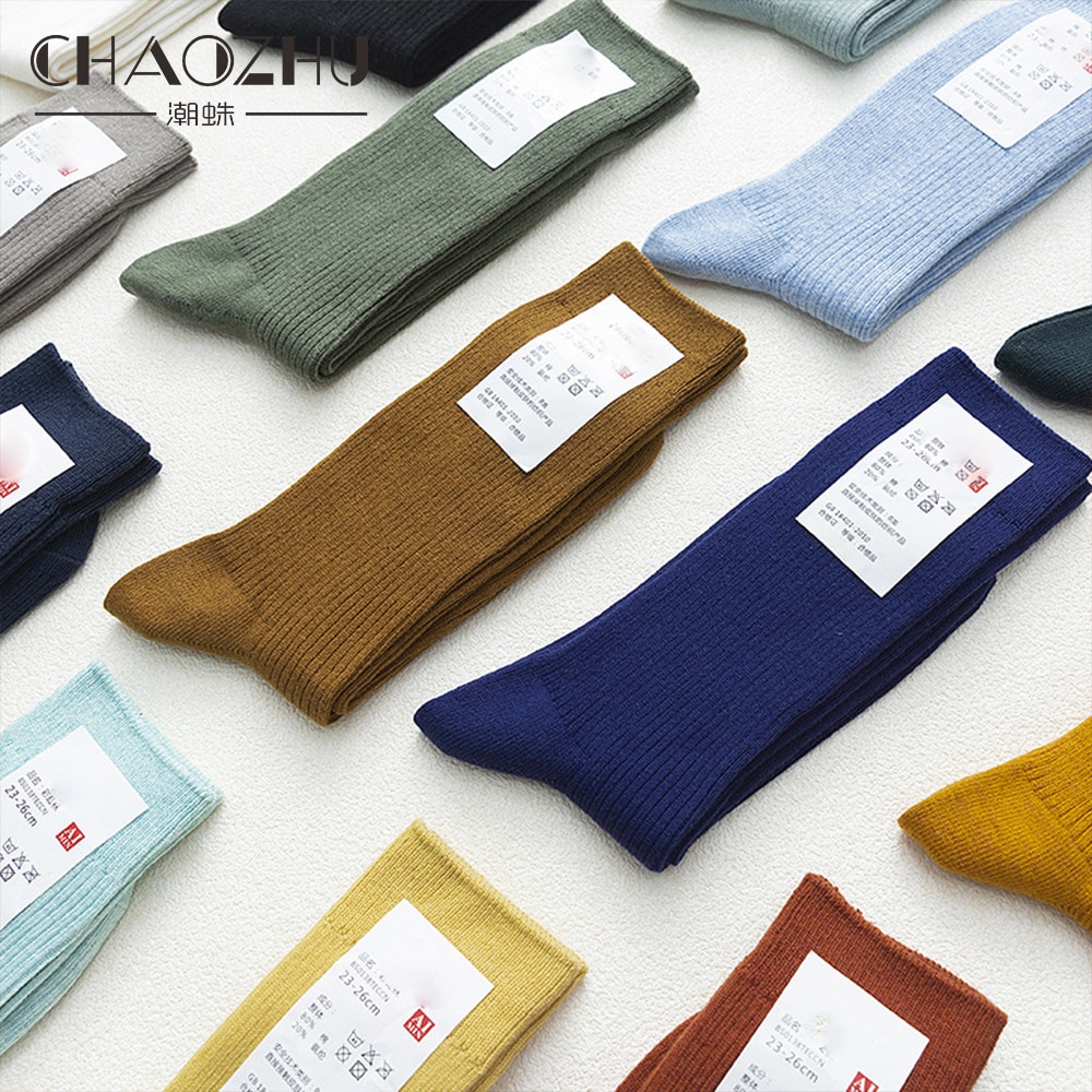 CHAOZHU Japanese Double Needles Cotton Knitting Rib Thin Business Cotton Long Men's Socks Stretch Casual Daily Basic Brand 