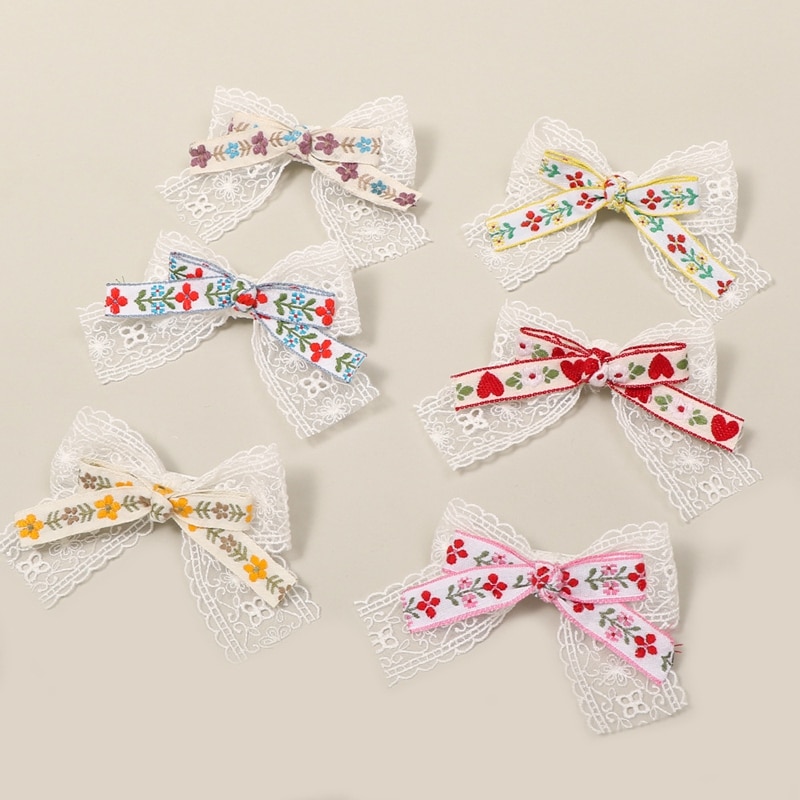 Fashion Handmade Lace Bowknot Toddler Hair Clips Cute Embroidered Flowers Bows Infant Bangs Hairpin Kids Accessories Photo Props