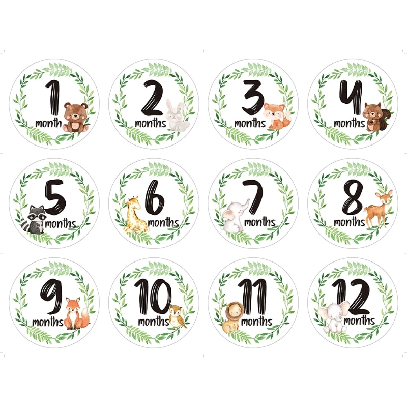 12 Pcs/Set Newborn Milestone Memorial Month Stickers Floral Baby Monthly Stickers Photography Commemorative Card Number Photo Pr