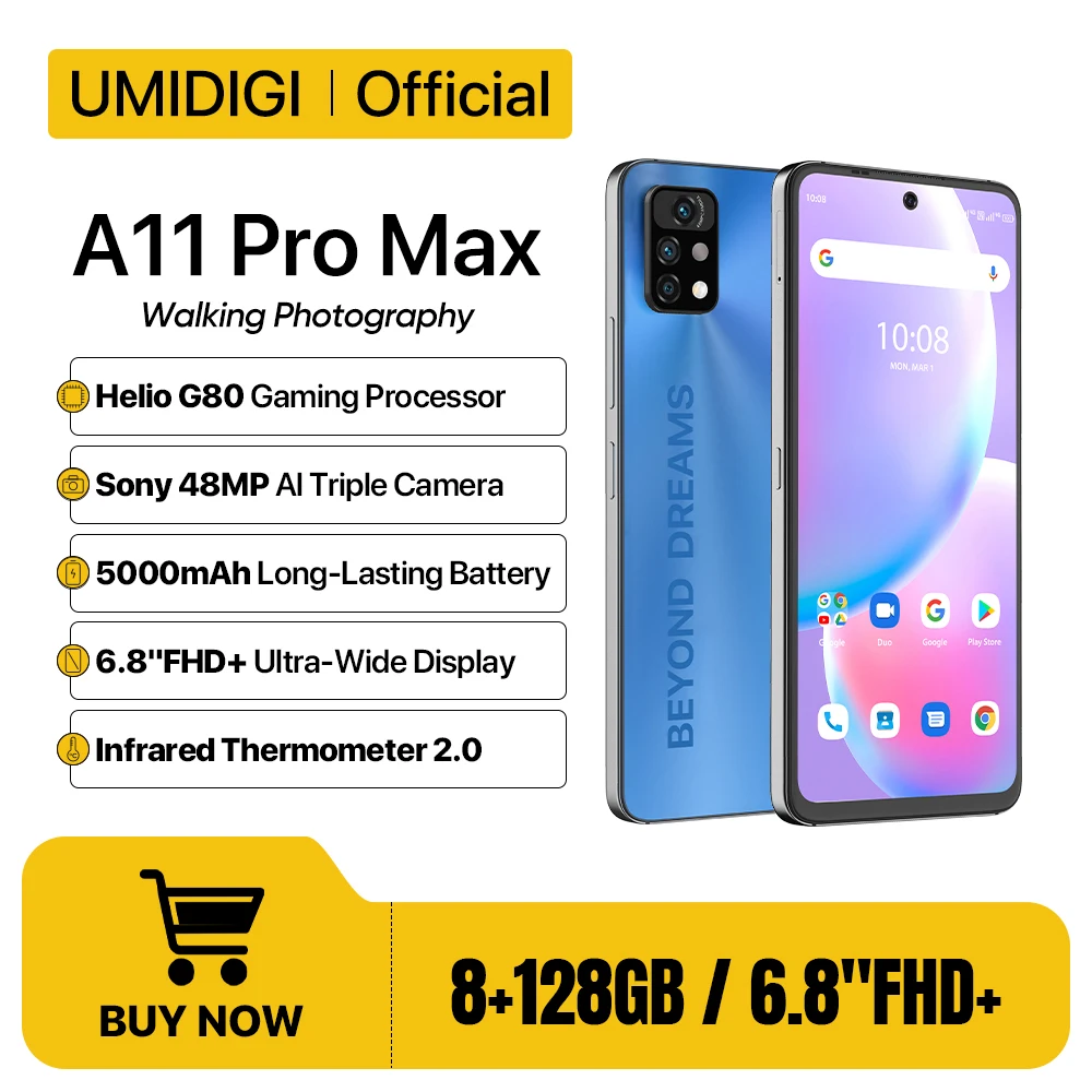 UMIDIGI A11 Pro Max Global Version Android Smartphone 6.8" FHD+ Display 8GB 128GB Helio G80 48MP+16MP Triple Camera 5150mAh
