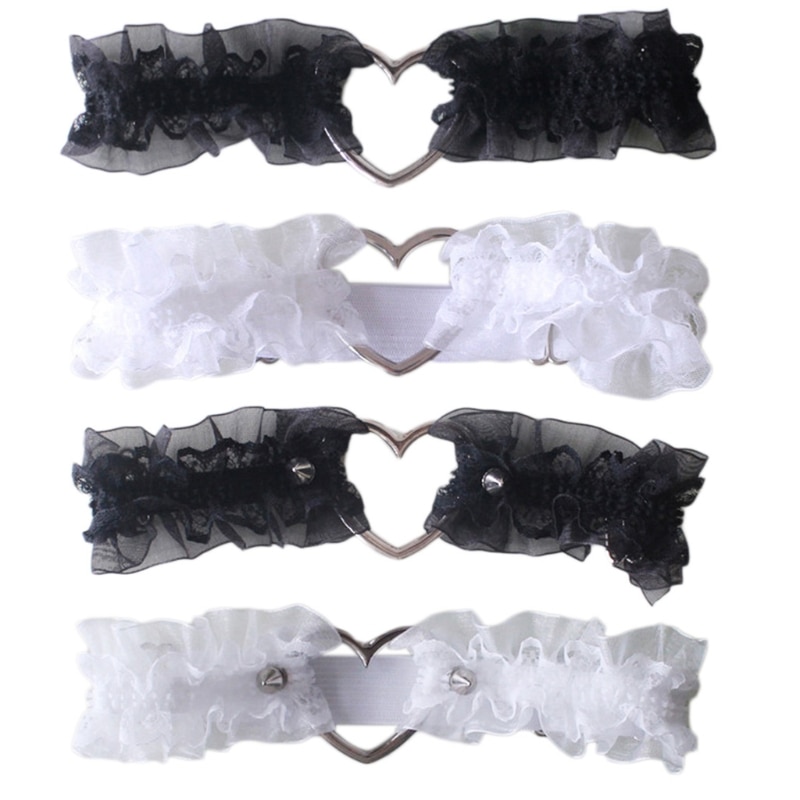 Women Girls Sweet Ruffled Lace Garter Belt Metal Heart Wedding Leg Harness Gothic Punk Kawaii Stretchy Thigh Ring Clubwear