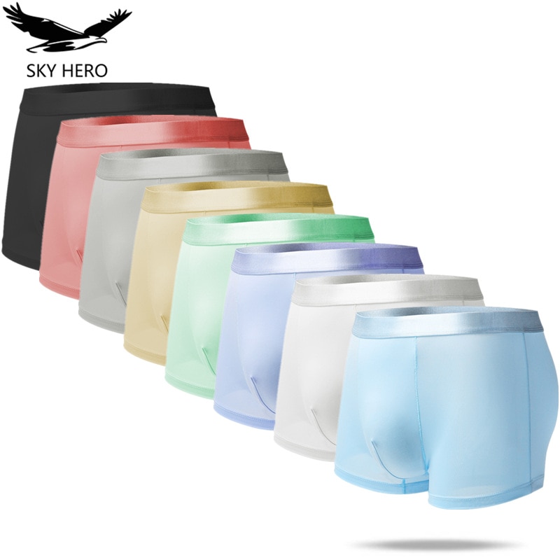 8pcs/lot mens transparent underwear hot sexy plus size ice silk male panties boxer shorts trunks see through underpants seamless