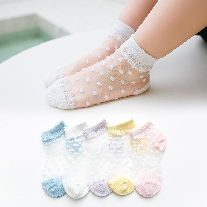 5 Pairs/Lot Summer Girls Socks Lovely Dot Crystal Silk Kids Sock Children Baby Girl Thin Mesh Breathable Elastic Lace Socks