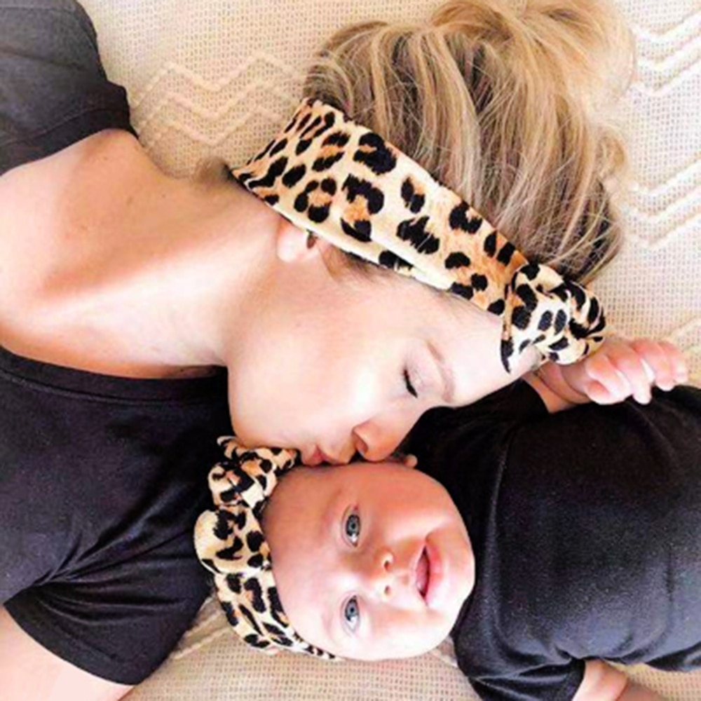 2Pcs/Set Mom & Baby Headbands Mother Baby Turban Mom Daughter Rabbit Ears Hairband Floral Leopard Parent-Child Hair Accessor