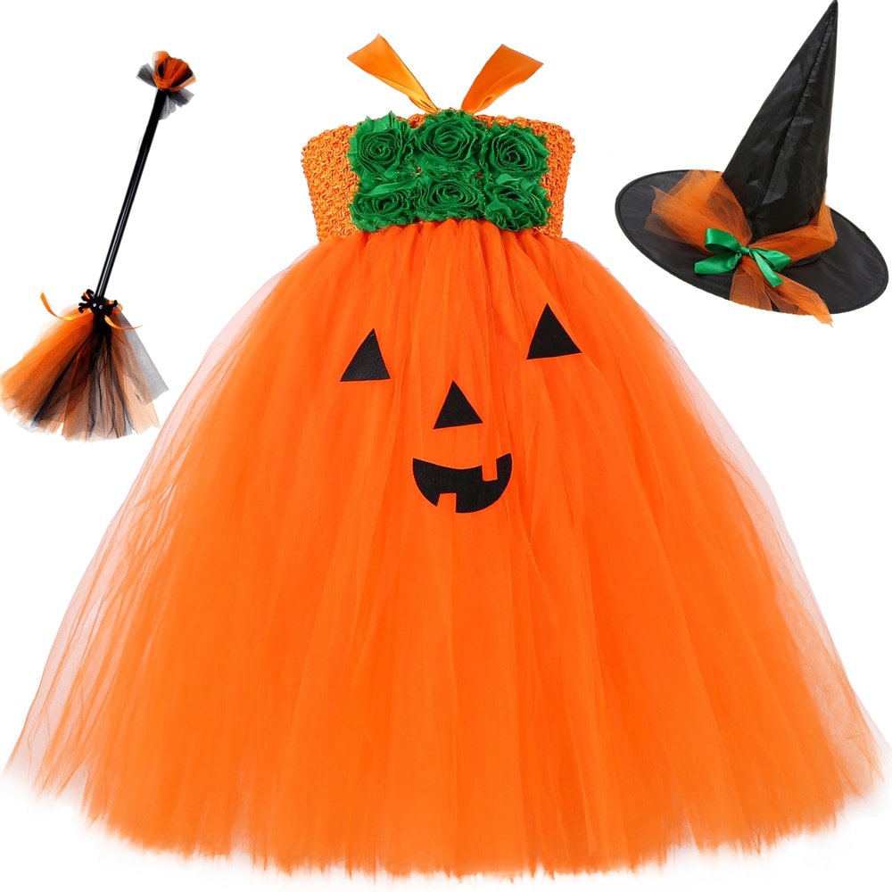 Halloween Costume for Kids Orange Pumpkin Jack Tutu Dress Children Flowers Princess Dress Girls Fancy Party Tulle Dress Clothes