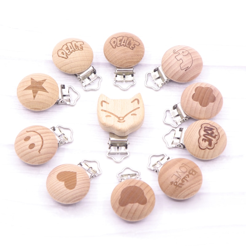 5Pcs Wooden Baby Pacifier Clips Diy Stroller Accessories Toddler Toys Baby Teething Necklace Printing Infant Soother Clip Gift