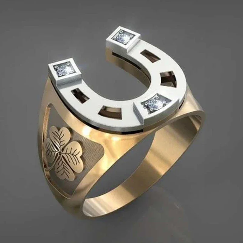Trendy Gold Colors Horseshoe U-shaped Ring Creative Vintage Men Luxury Crystal Four Leaf Clover