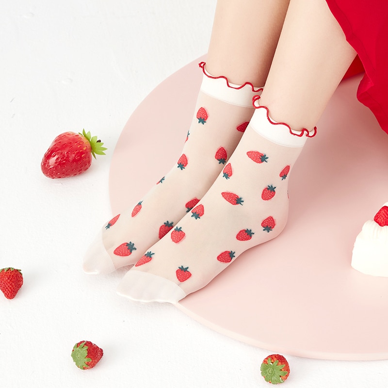 Girls' Stockings Spring And Summer New Fruit Medium Tube Strawberry Stockings Ultra Thin And Breathable Lace Girls' So