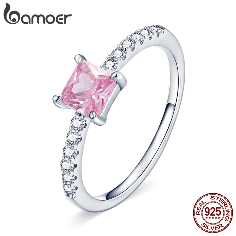BAMOER Authentic 925 Sterling Silver Sakura Pink Square Crystal Zircon Halo Ring for Women Engagement Jewelry Finger Ring BSR191