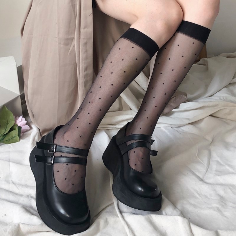 Polka Dot Print Long Socks Lingerie Sexy Mesh Fishnet High Knee Sock Women Summer Nylon Thin Transparent Lolita Kawaii Stockings