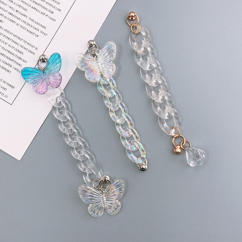 2021 Fashion Acrylic Chain Color Cell Phone Case Chains Butterfly Mobile Phone Key Chain Charm Decoration Jewelry Accessories