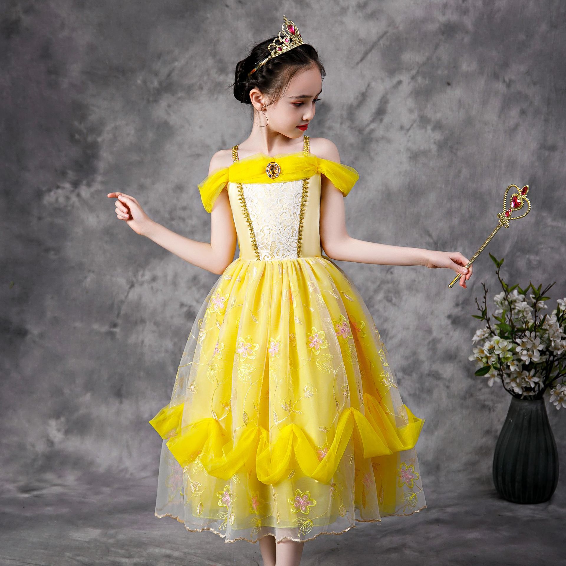 Christmas Girl Belle Princess Dress Lace Embroidery Flower Dress Halloween Costume Ball Gown Party Dresses