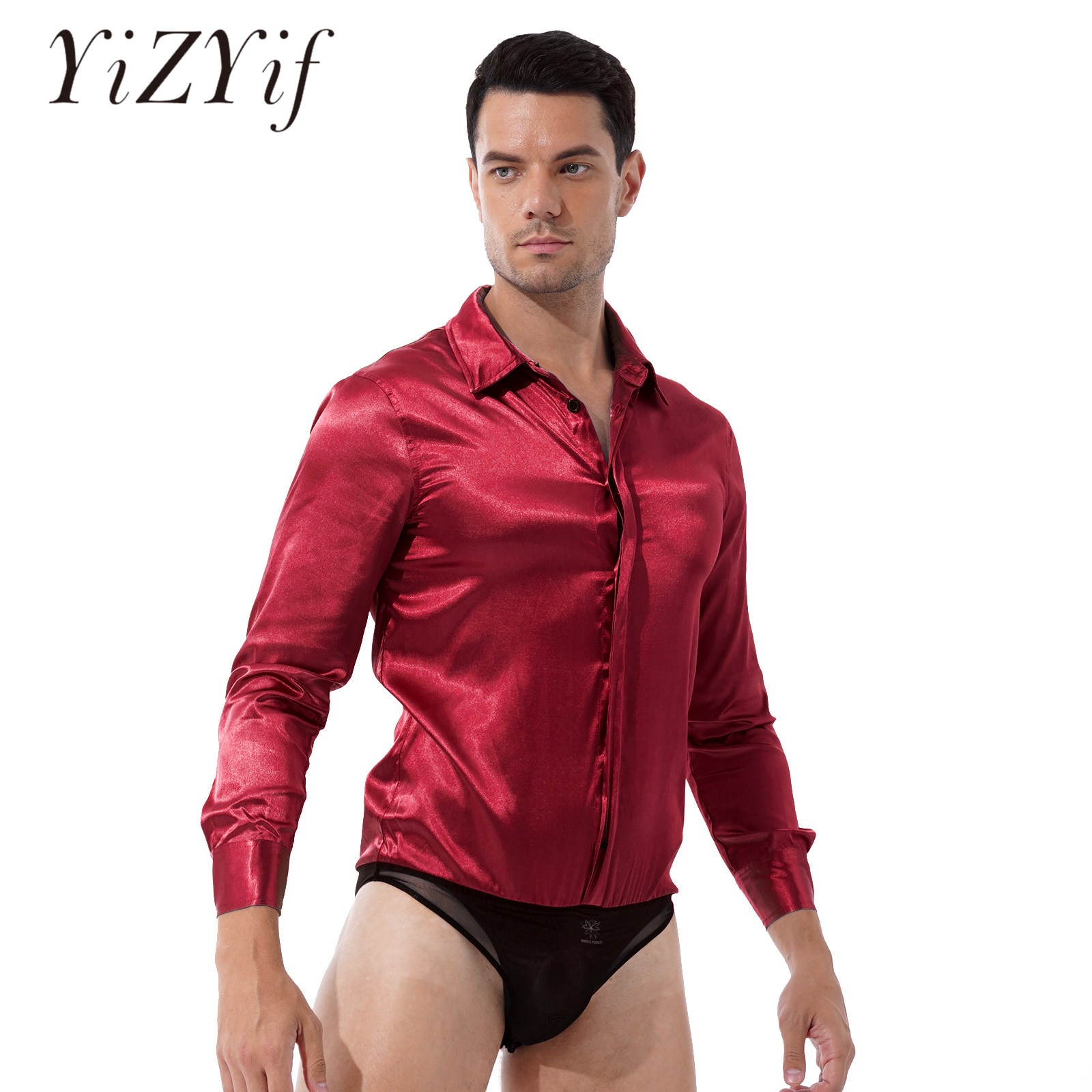 Mens Casual Lounge Sleepwear Button Down Long Sleeve Satin Jumpsuits Business Wedding Party One-piece Turn-down Collar Coveralls