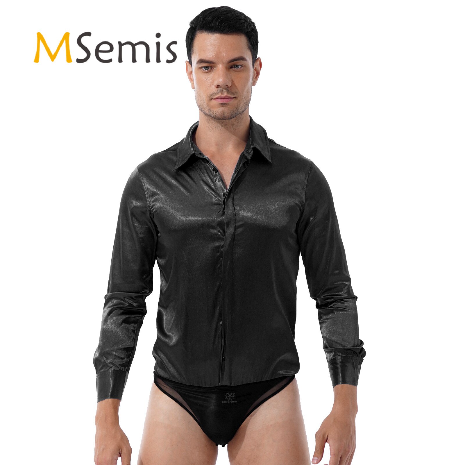 Mens Satin Jumpsuits Casual Lounge Sleepwear Button Down Long Sleeve Bodysuit fot Business Wedding Turn-down Collar Coveralls