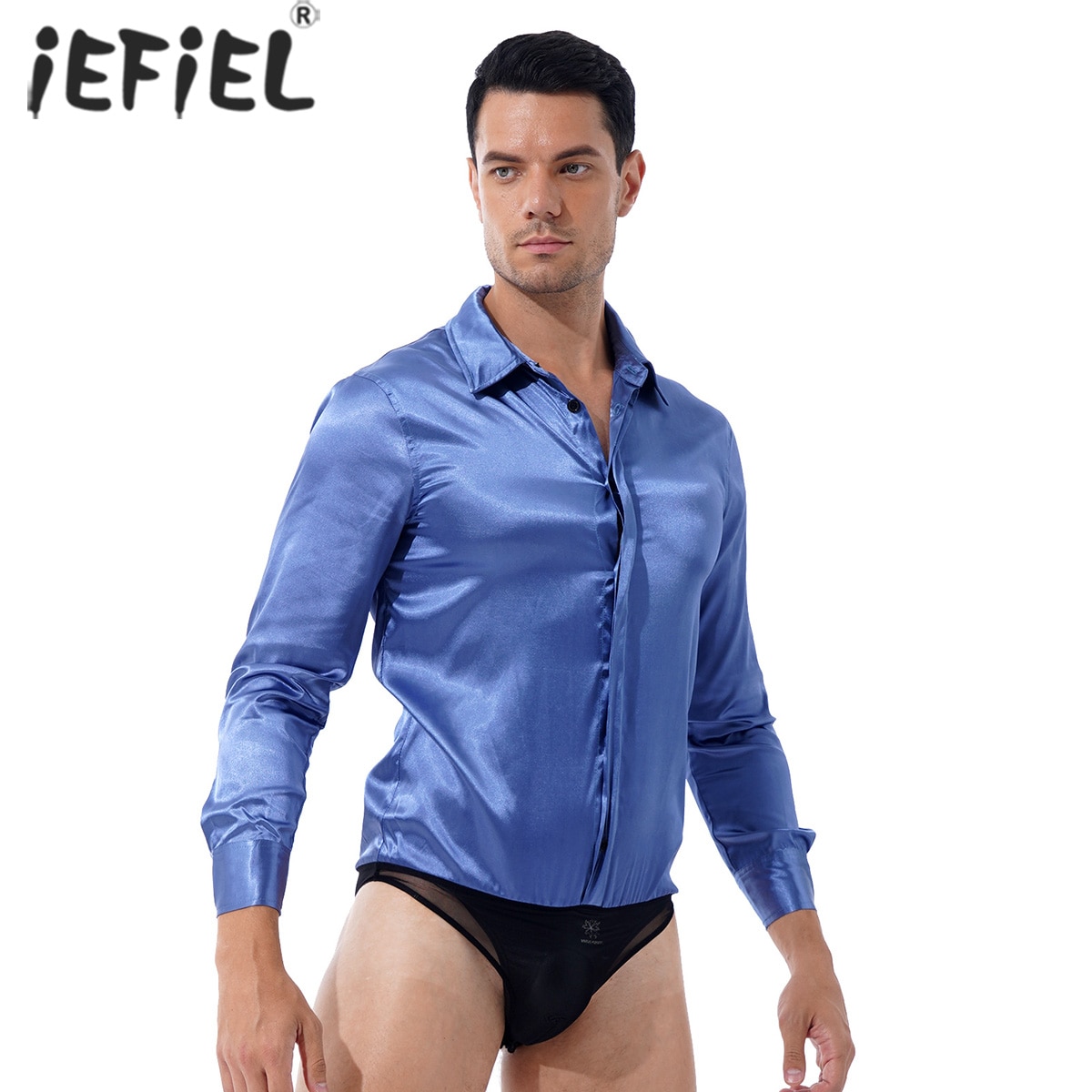 Men Long Sleeve Patchwork Bodycon Jumpsuits Turn-down Collar Button Shirt Tops See-through Mesh Underwear One-piece Sleepwear