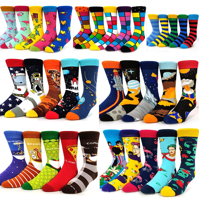 5 Pairs-Pack Cartoon Socks Happy Funny Casual Hip Hop Creative Soft Comfortable Novelty Men Cotton Calcetines Hombre Divertido