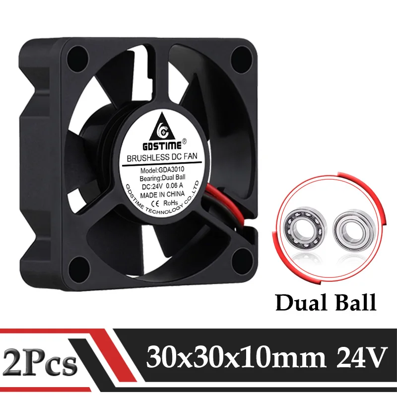 2 Pcs Gdstime DC 24V Fan 30MMx10MM Dual Ball Bearing Brushless Car Lamp Cooling Fan 30mm Micro fan