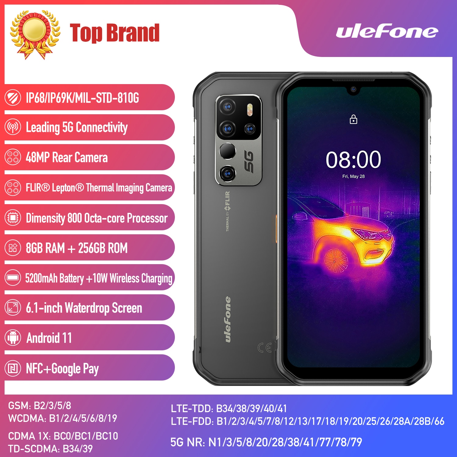 Ulefone Armor 11T 5G Rugged Smartphone FLIR® Thermal Imaging Camera 8GB 256GB 6.1'' Android 11 Mobile Phone Support OT