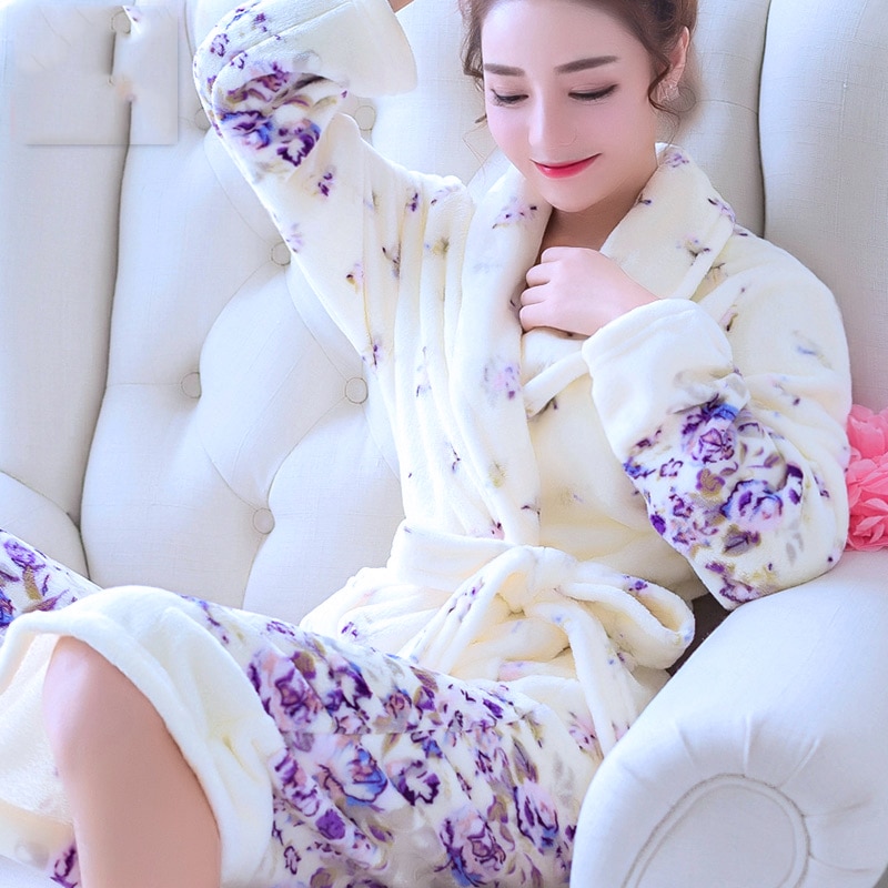 Winter Warm Women Robes Coral Fleece Sleepwear Female Kimono Print Floral Nightdress Dressing Gown Lounge Wear Hotel Bathrobe