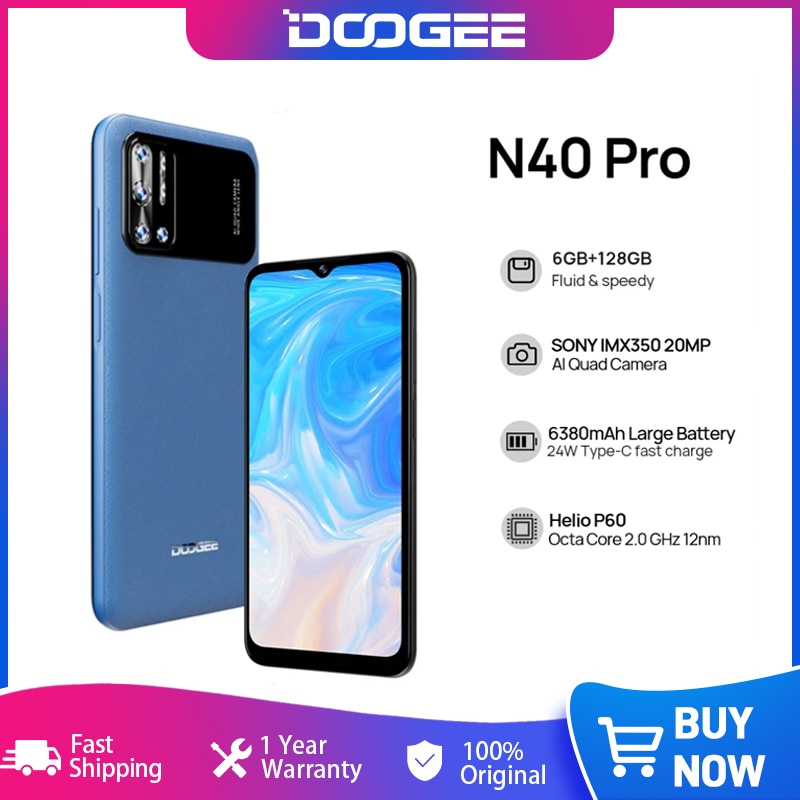 DOOGEE N40 Pro Smartphone 6.5 inch 20MP Quad Camera Helio P60 6GB+128GB Cellphone 6380mAh Battery 24W fast Charging