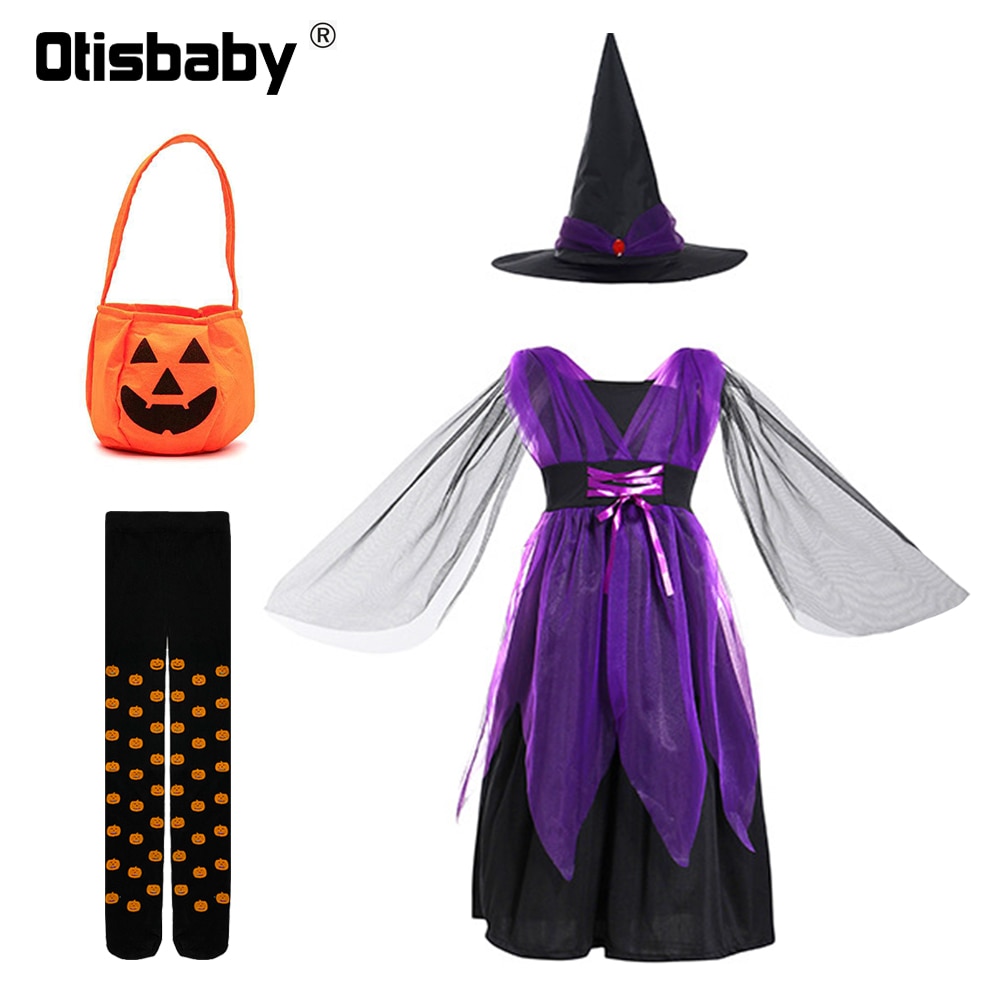 2023 Halloween Carnival Children Purple Witch Costume Girls Vampire Dress Role Play Performance Dress Up Hat Pumpkin Candy Bag