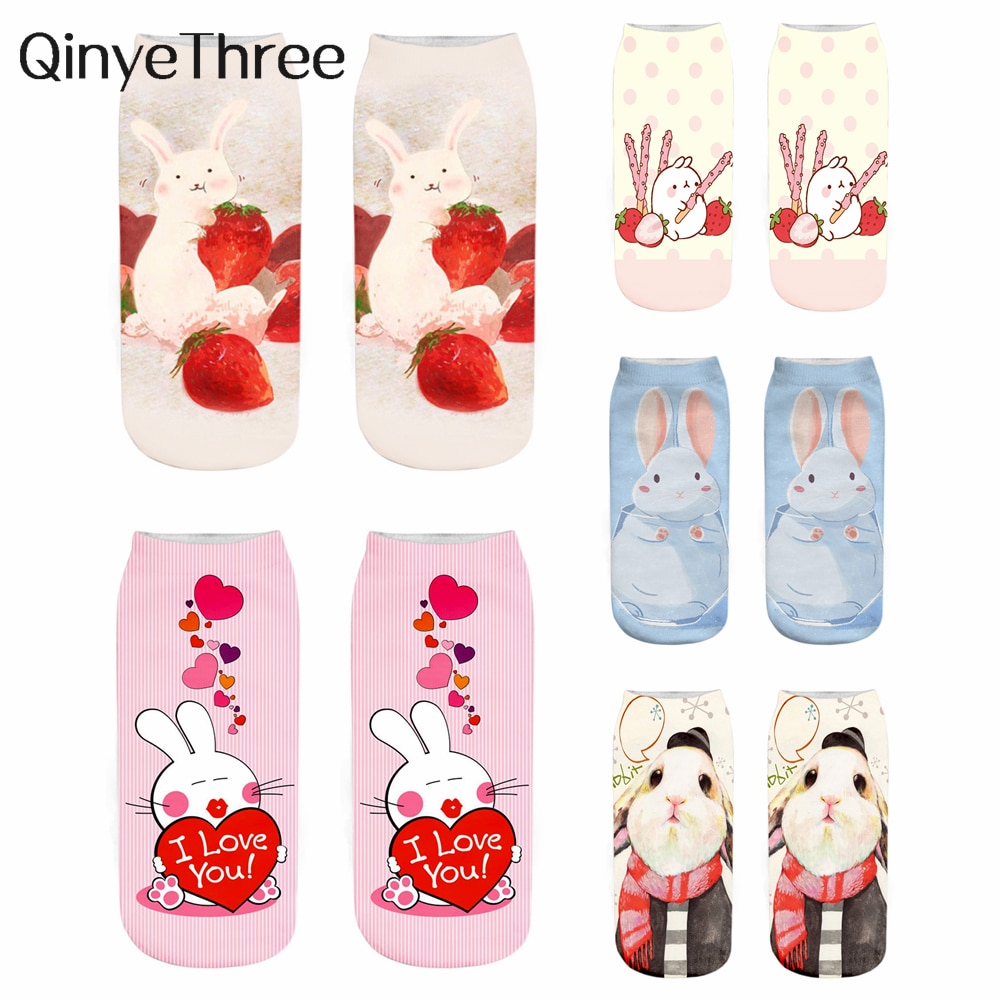 1 Pair New 3D Print Cute Happy Funny Bunny Daily Life Socks Fashion Unisex Creative Strawberry Cake Rabbit Short Ankle Sokken