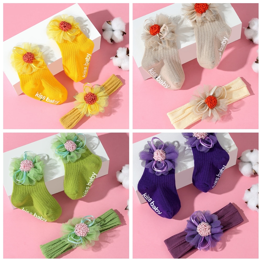 Lovely Handmade Flowers Elastic Hairband and Medium Socks Set Infant Comfortable Breathable Knitted Cotton Sock Baby Accessories
