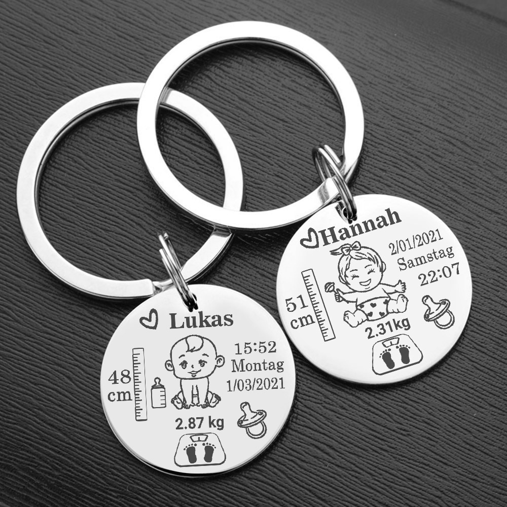 Cute Baby's Personalized Keychain Boys Girls Name Birthdate For Newborn Commemorate New Mom Dad Gift Keyring P026_VIP