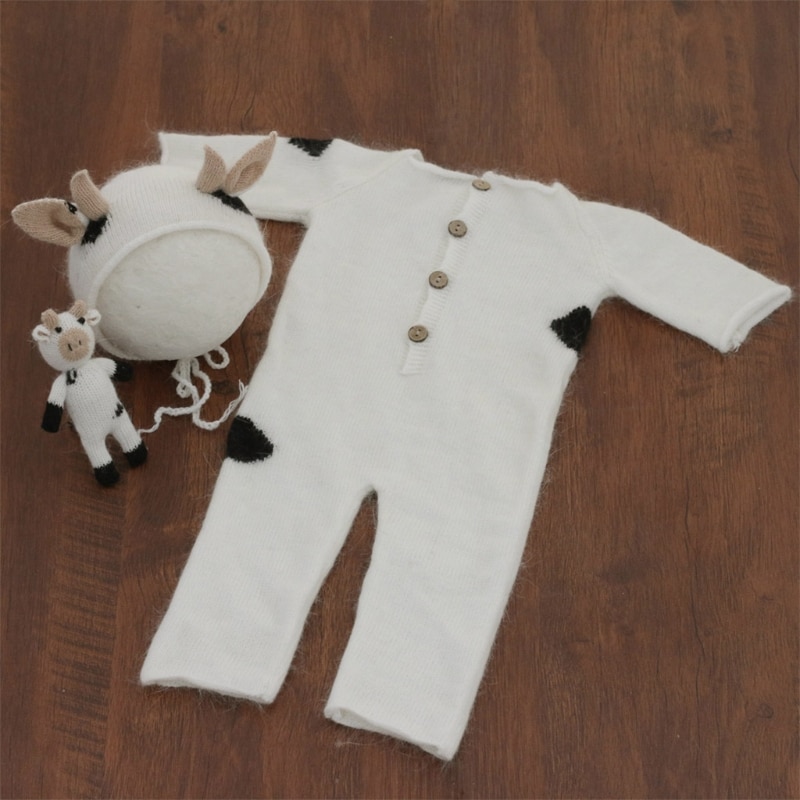 3 Pcs Baby Knitting Cow Hat Animal Doll Romper Set Handmade Crochet Mohair Beanies Cap Bodysuit Newborn Photography Prop