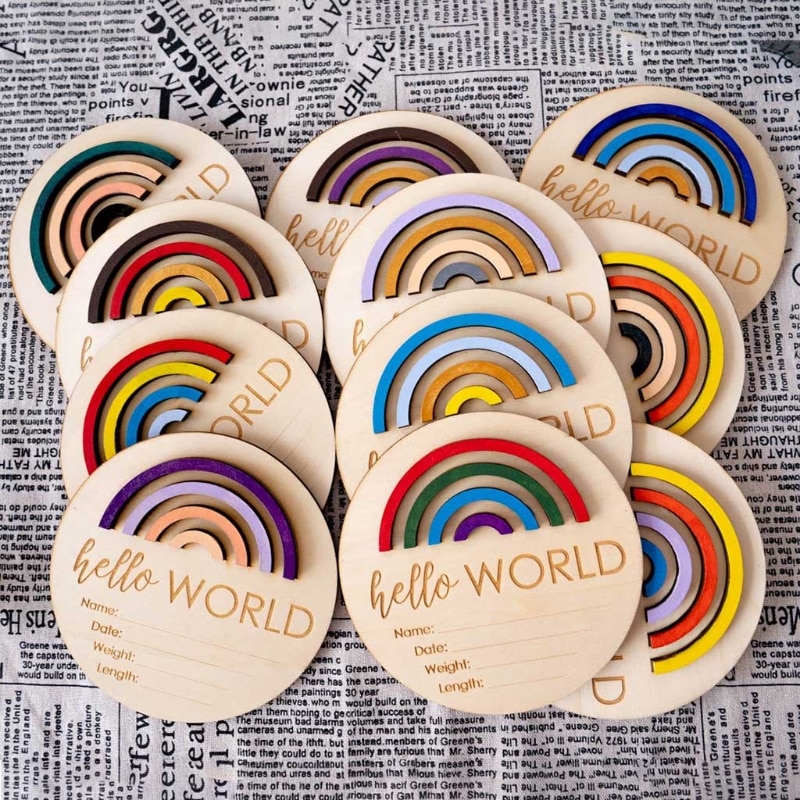 Wooden Rainbow Milestone Cards Growth Commemorate Baby Birth Monthly Recording Card Newborn Infants Shower Gifts