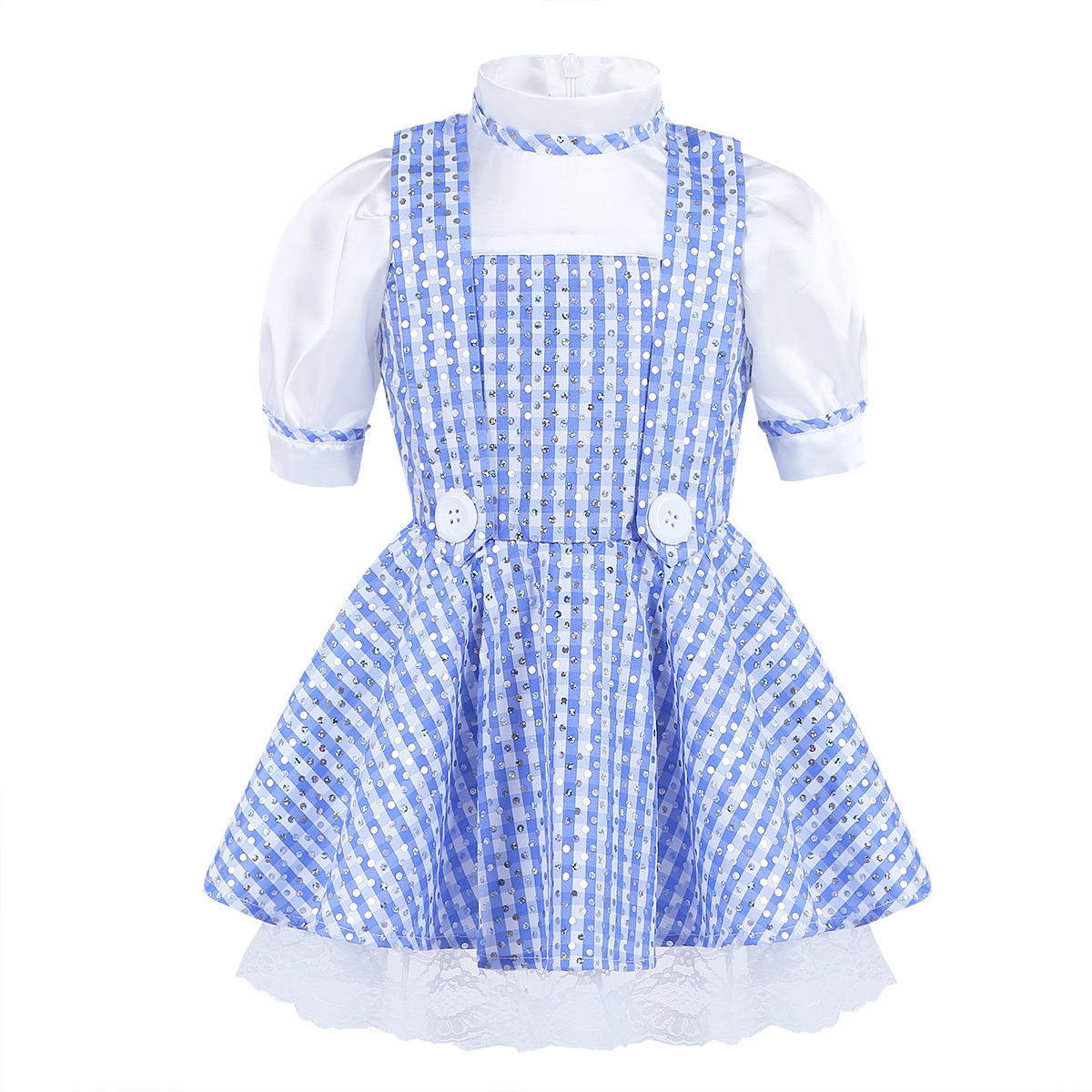 Kids Girl Blue Plaid Dress Short Sleeves Polka Dots Lace Tutu Princess Dresses Children Halloween Cosplay Party Dress Up Costume