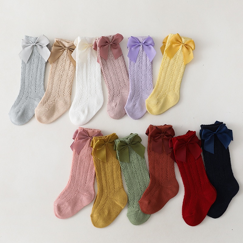 Summer Baby Girls Socks With Bow Kids Long Sock Knee High Cotton Hollow Out Toddlers Mesh Children Princess Socken For 0-7 Years