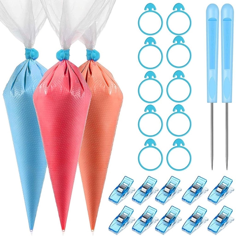 H55A 122 PCS Tipless Piping Bags Disposable Cake Pastry Bag for Royal Icing Cookies Cake Decorating Bags Tool with Clips Awls