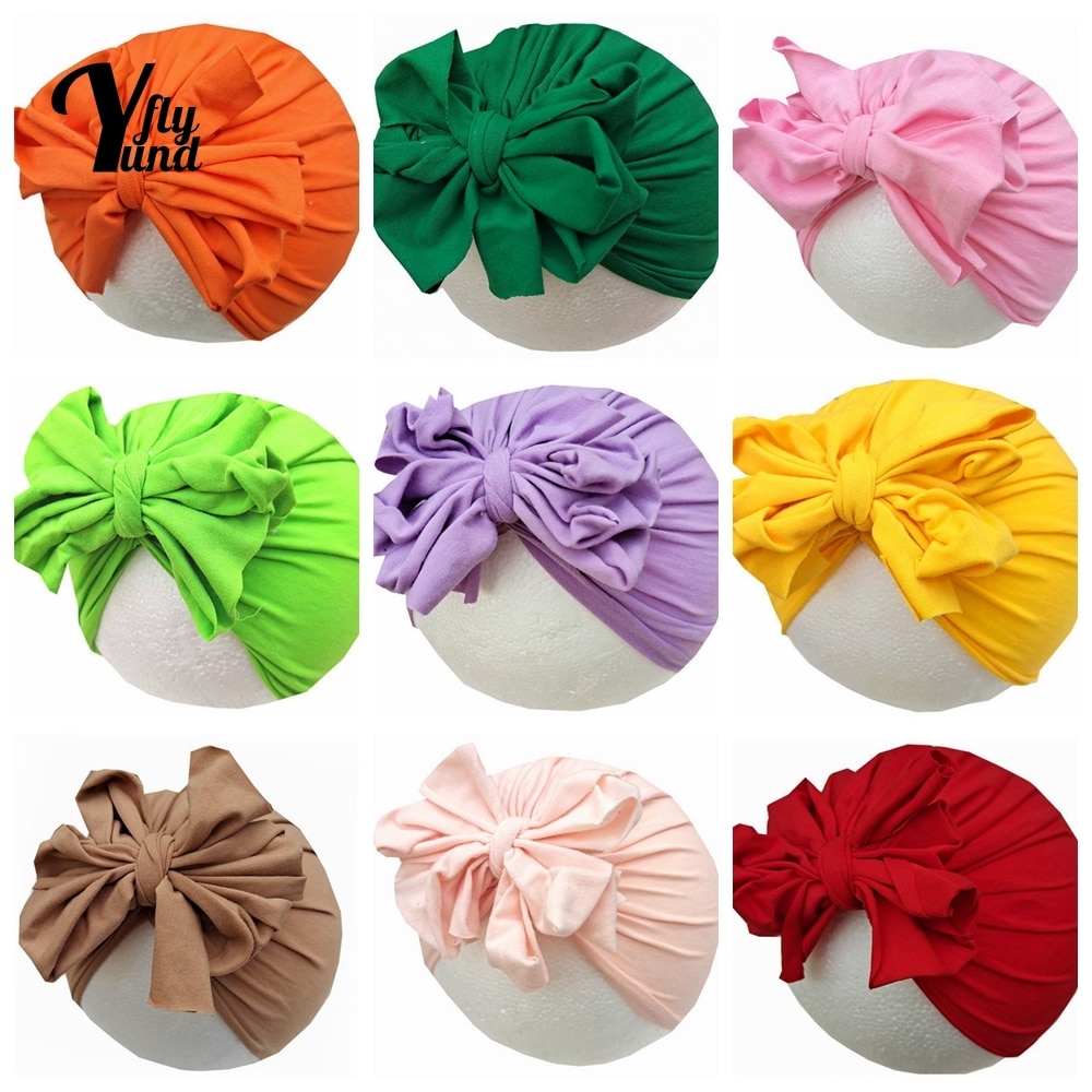 Yundfly Fashion Knitting Big Bowknot Baby Turban Hat Solid Color Handmade Bows Newborn Caps Kids Hair Accessories Birthday Gifts