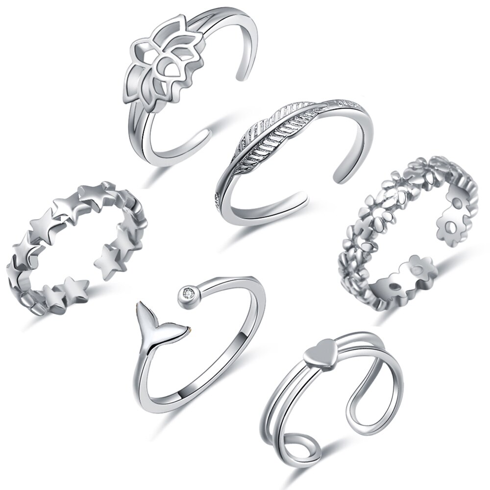 6PCS Adjustable Stainless Steel Toe Rings for Women Open Tail Ring Women Beach Foot Jewelry Gold and Silver Hypoallergenic Ring