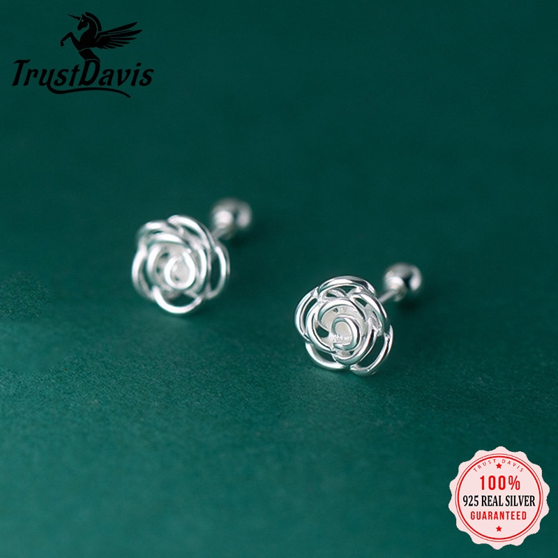 TrustDavis Real 925 Sterling Silver Romantic Rose Flower Screw Earring For Women Wedding Anniversary Fine Jewelry Gift DA2180