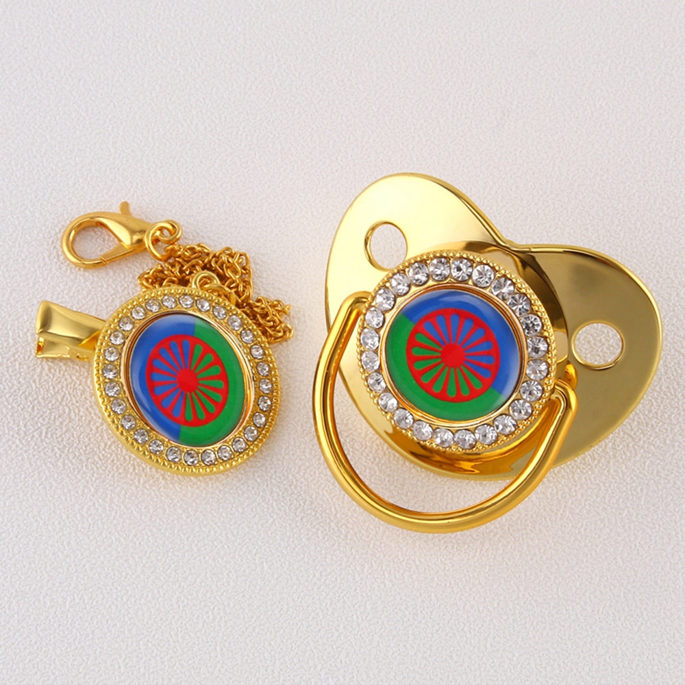 Gypsy Aromanian Romany Luxury Baby Pacifier With Chain Clip Romani Roma Flag Theme Newborn Baby Dummy Soother Nipple