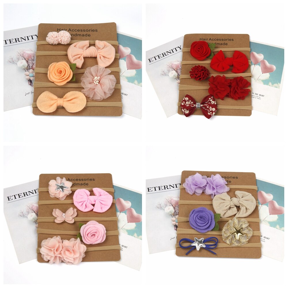 5pcs/lot Lovely Print Bowknot Elastic Hairband Toddler Chic Handmade Flower Traceless Nylon Headband Baby Headwear Birthday Gift