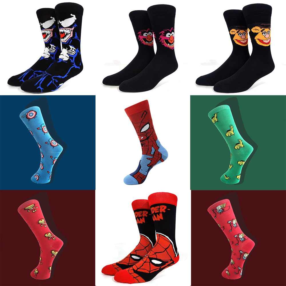 Happy Funny Socks Men Comics Hero General Cartoon Hulk Iron Captain America Pattern Antiskid Over 1000 Style Cartoon Man Socks